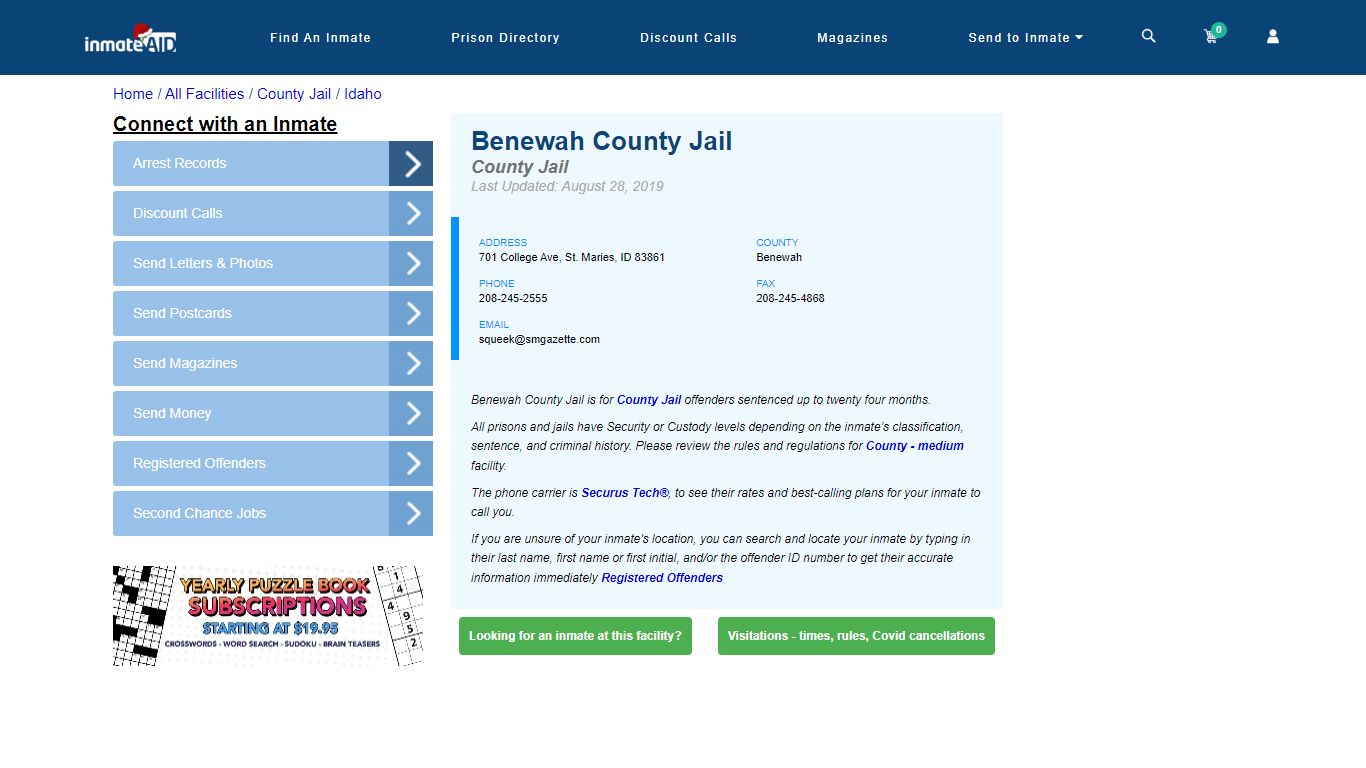 Benewah County Jail - Inmate Locator - St. Maries, ID